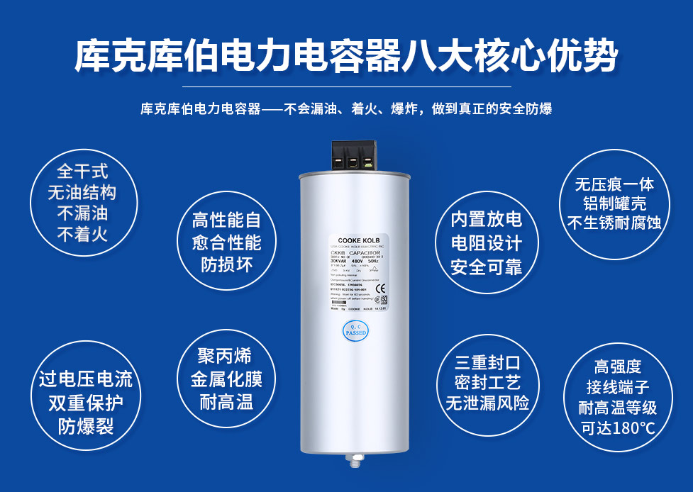 產品特點： 1、全干式設計，氣體保護，無漏油，無污染； 2、過壓保護裝置設計，過電壓過電流雙重保護 ，防爆性能優良； 3、高性能自愈式設計，優良自愈功能 ； 4、內置放電模塊，可觸摸端子更安全 ； 5、一體式無壓痕加強型外殼，耐爆能力強，無泄露風險 ； 6、體積和重量大大減小，只相當于老產品的1/3。 產品用途： 主要用于低壓配電系統中，進行無功補償，降低無功損耗，提高功率因數，改善電能質量。 